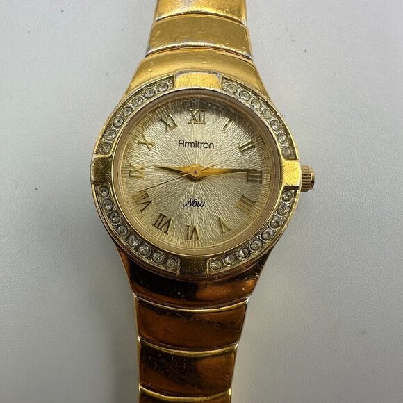 3/$30 Armitron Watch Women Gold Tone Crystal Bezel Round 22MM Dial 6.25" - Picture 1 of 14